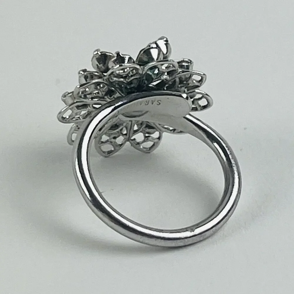 SARAH COVENTRY Rhinestone Flower Ring Silver Tone Vintage Signed Tiered Layered